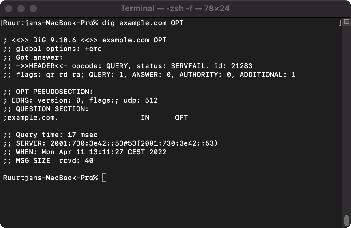 Example output of a OPT lookup query