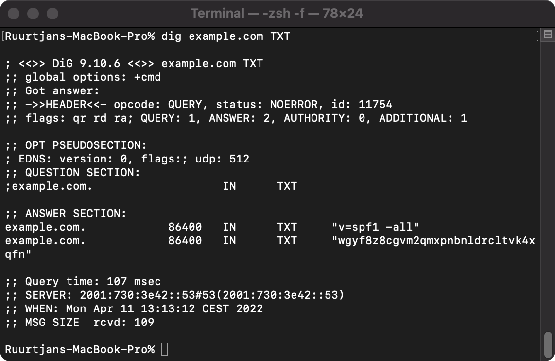 Example output of a SPF lookup query